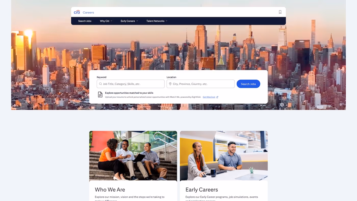 Screenshot of the official career page of Citigroup