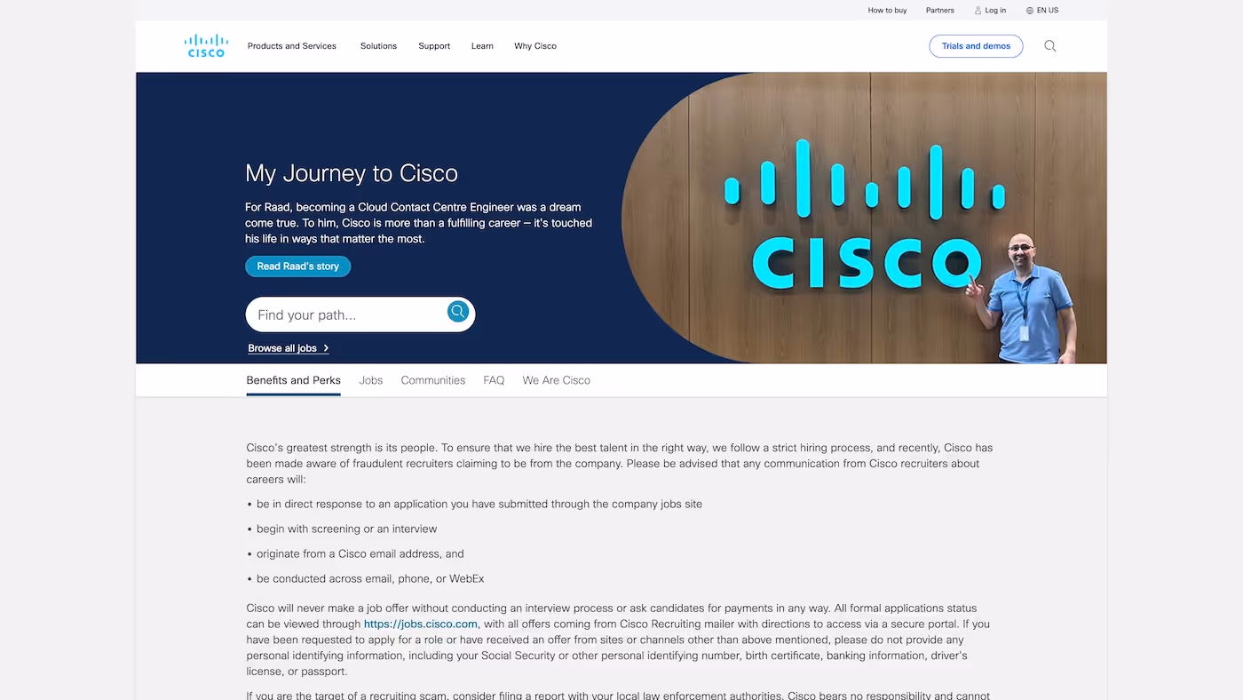 Screenshot of the official career page of Cisco Systems