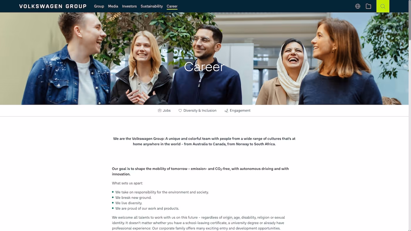 Screenshot of the official career page of Volkswagen