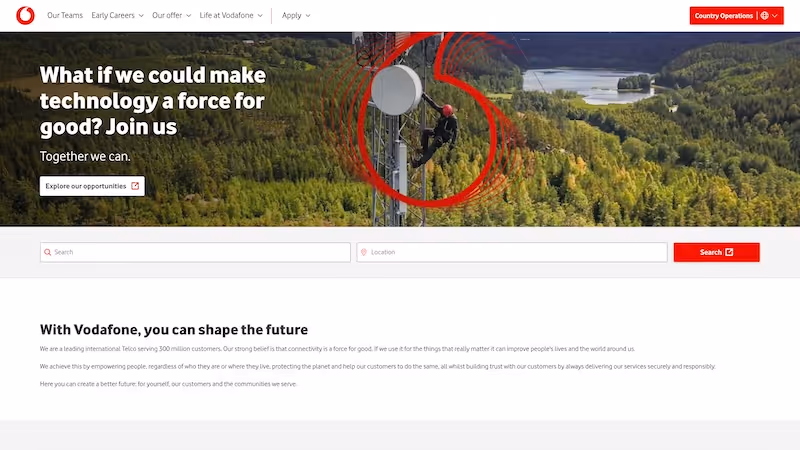Screenshot of the official career page of Vodafone Group