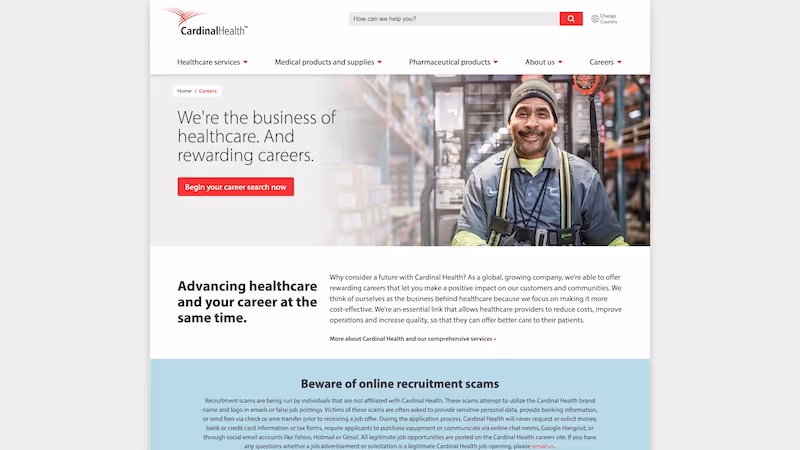 Screenshot of the official career page of Cardinal Health
