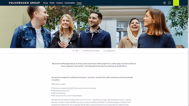 Screenshot of the official career page of Volkswagen