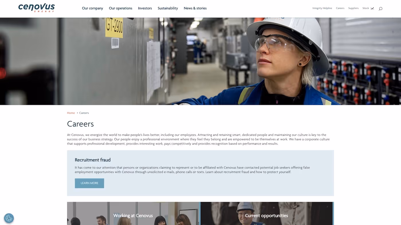Screenshot of the official career page of Cenovus Energy