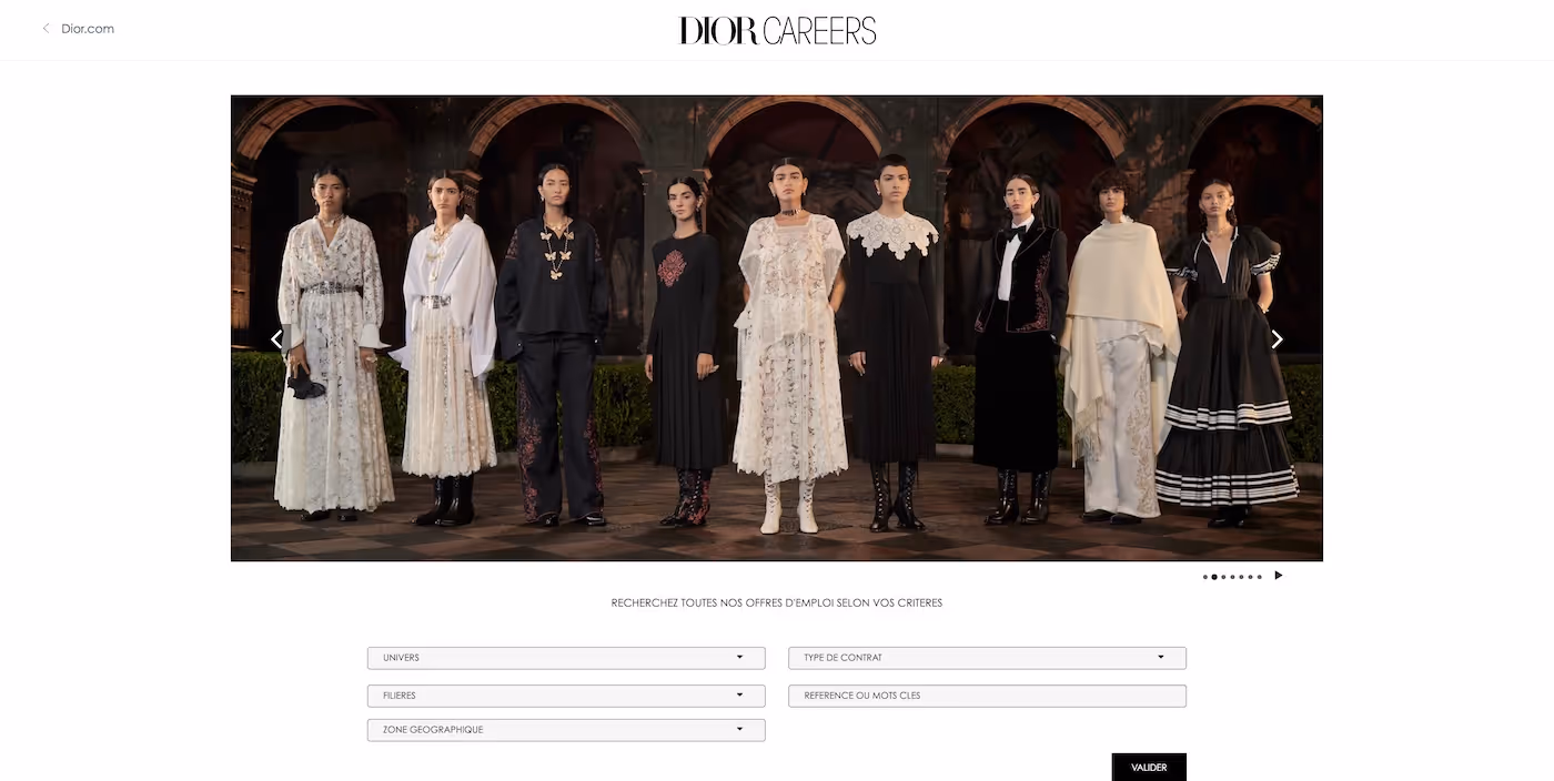 Screenshot of the official career page of Christian Dior