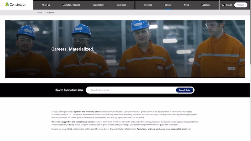Screenshot of the official career page of Constellium