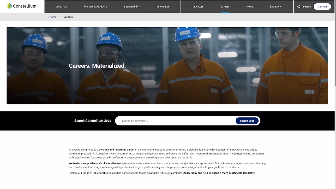 Screenshot of the official career page of Constellium