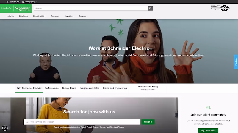 Screenshot of the official career page of Schneider Electric
