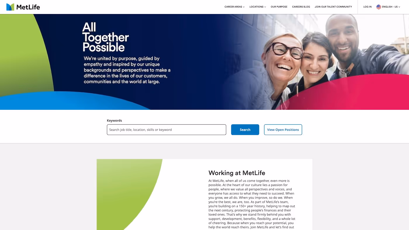 Screenshot of the official career page of MetLife