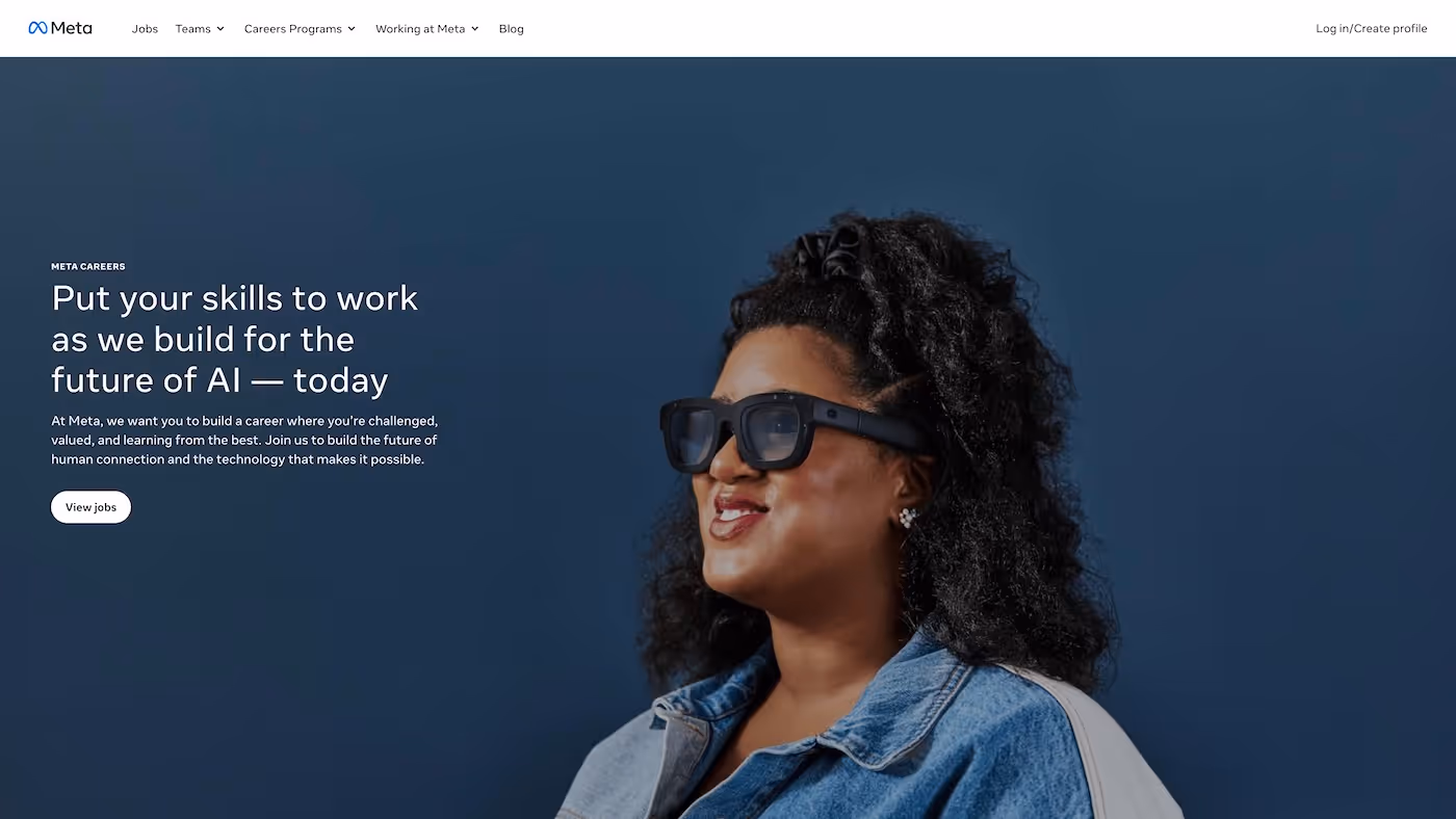 Screenshot of the official career page of Meta