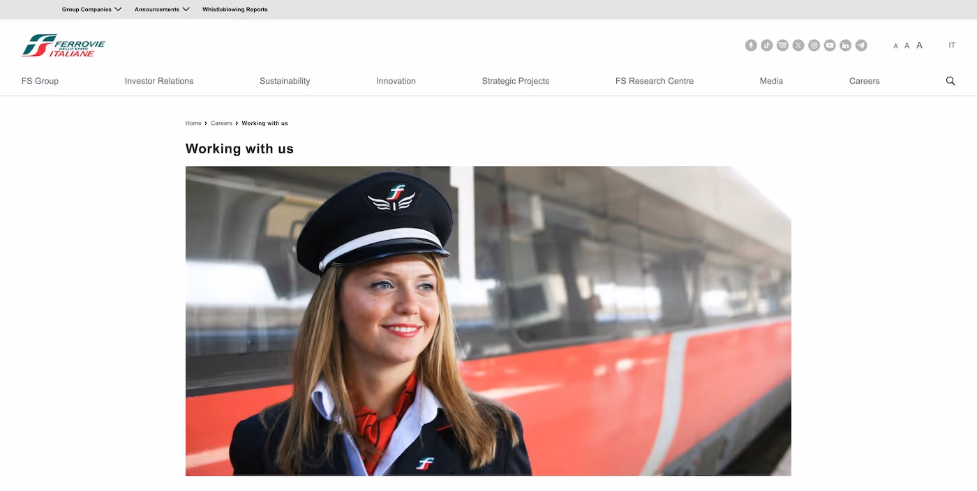 Screenshot of the official career page of FS Italiane Group