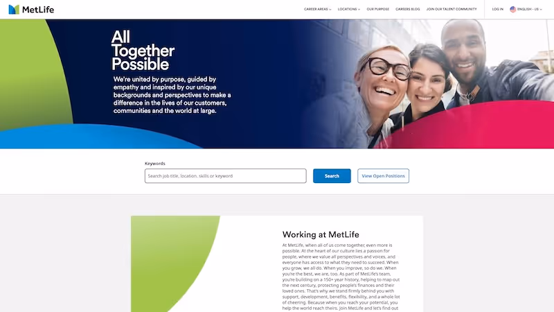 Screenshot of the official career page of MetLife