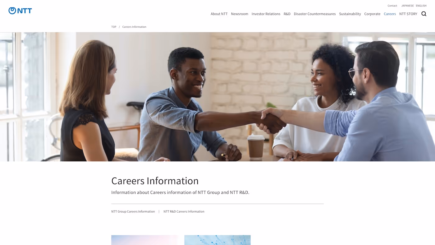 Screenshot of the official career page of NTT