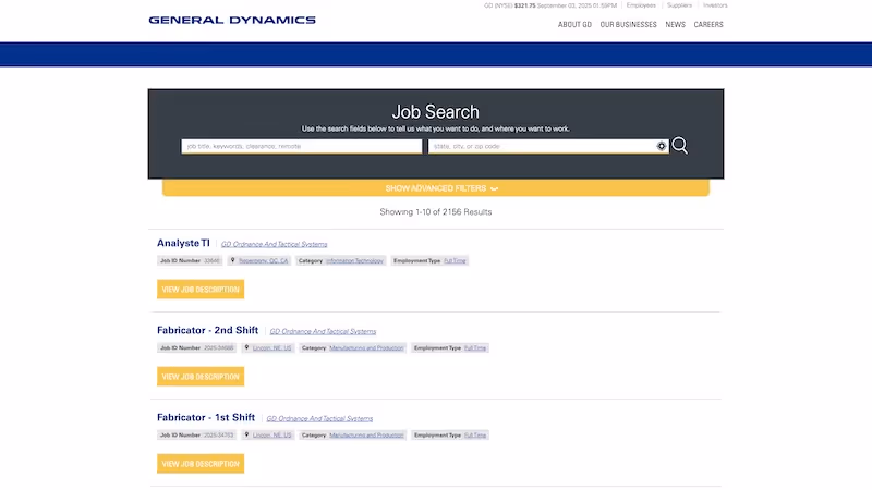Screenshot of the official career page of General Dynamics