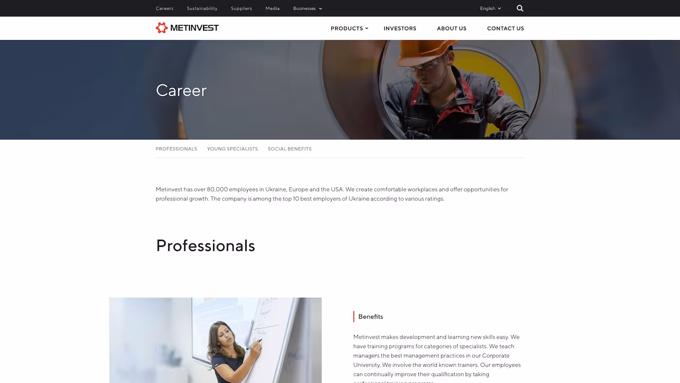 Screenshot of the official career page of Metinvest
