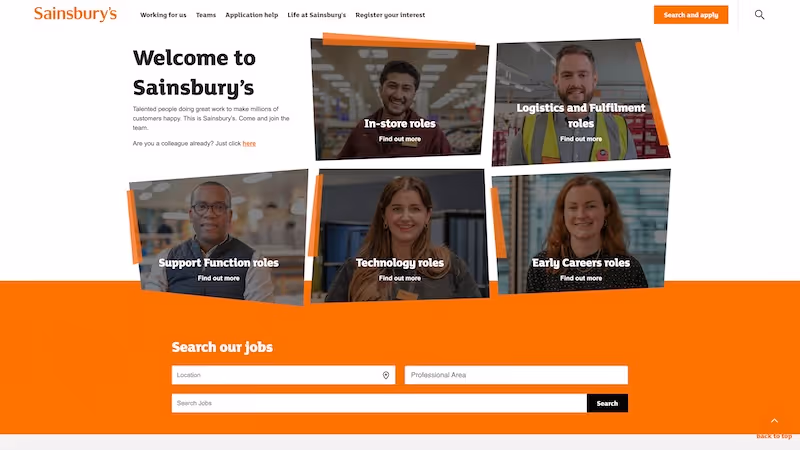 Screenshot of the official career page of J. Sainsbury