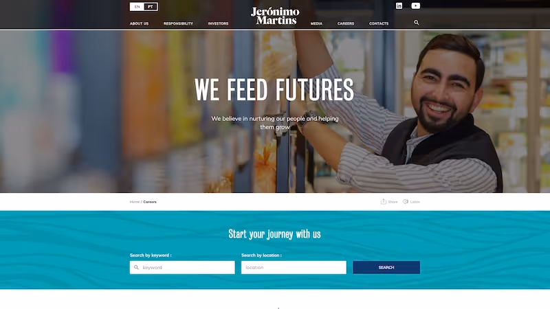 Screenshot of the official career page of Jerónimo Martins
