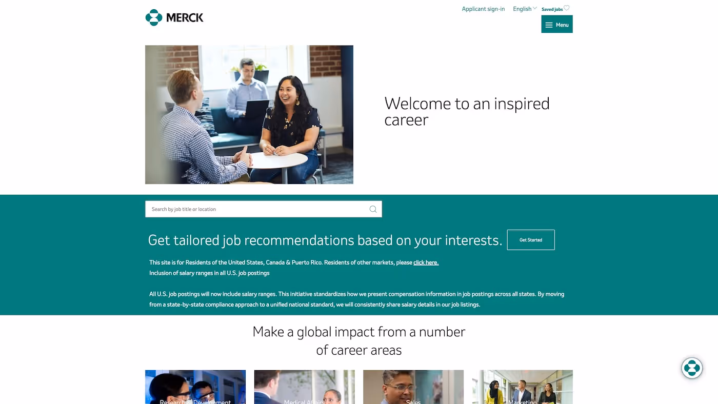Screenshot of the official career page of Merck