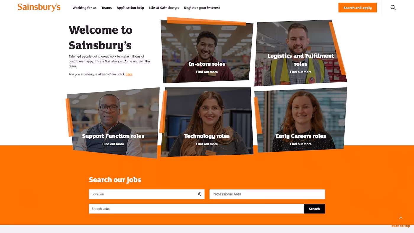 Screenshot of the official career page of J. Sainsbury