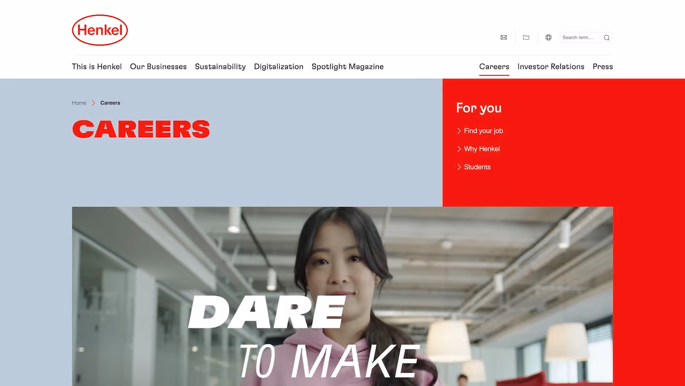 Screenshot of the official career page of Henkel