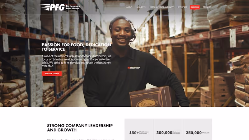 Screenshot of the official career page of Performance Food Group