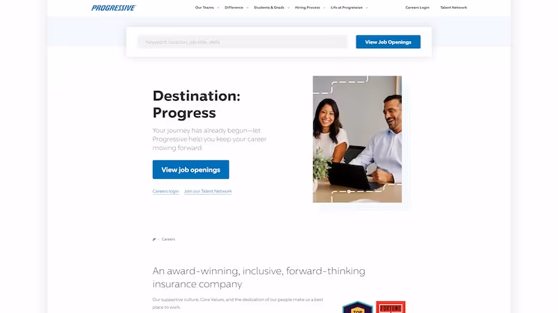Screenshot of the official career page of Progressive