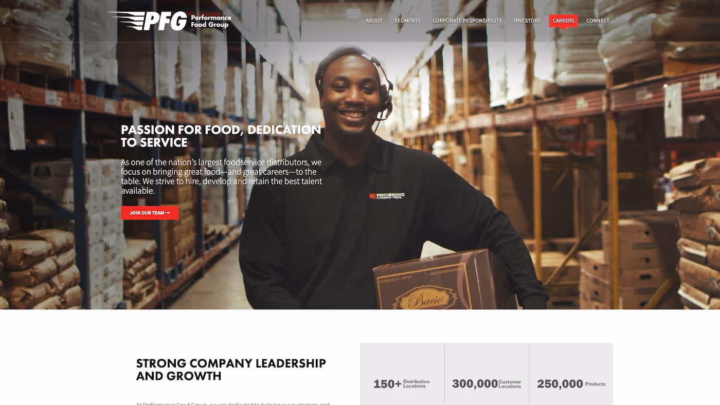 Screenshot of the official career page of Performance Food Group