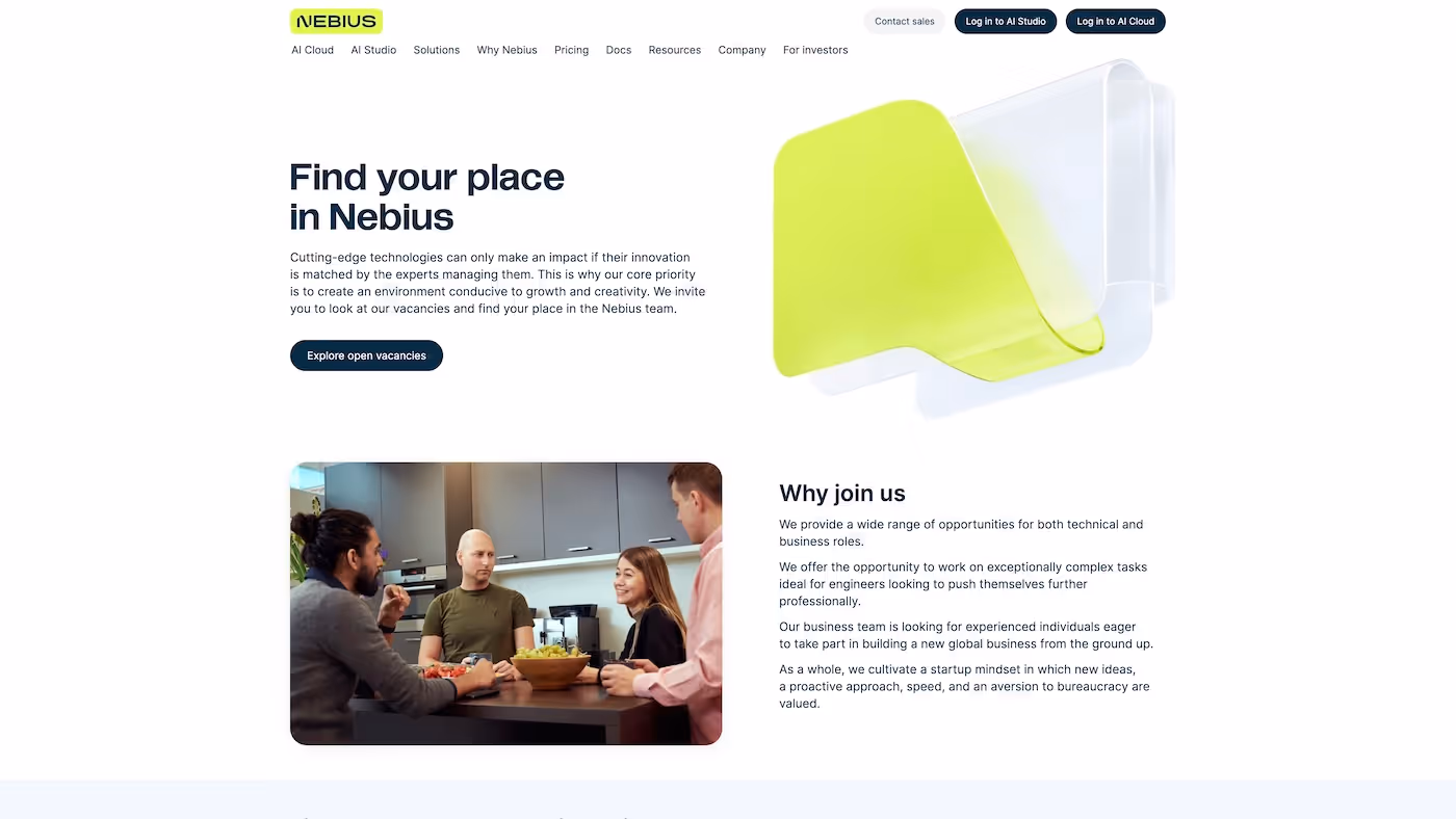 Screenshot of the official career page of Nebius Group
