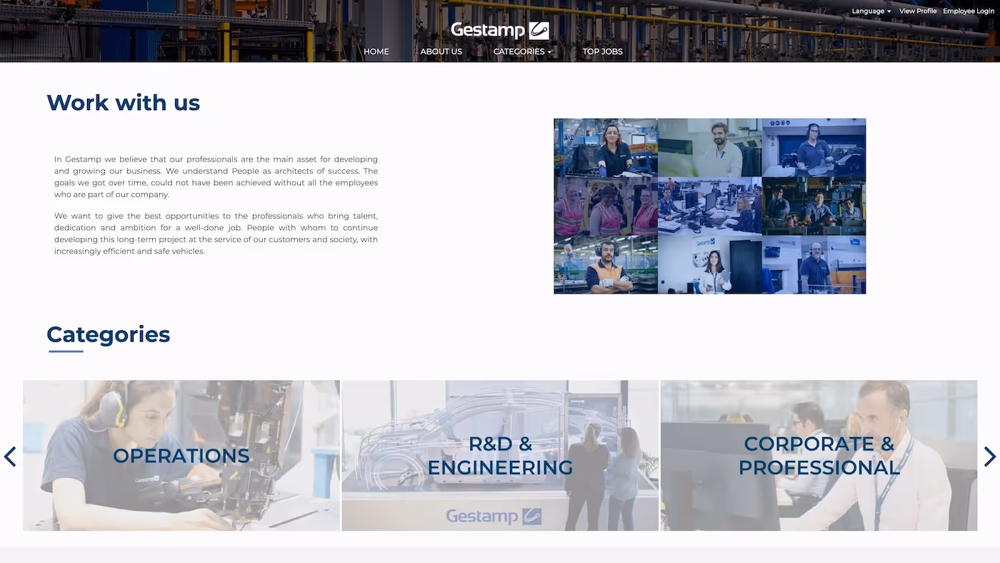 Screenshot of the official career page of Gestamp