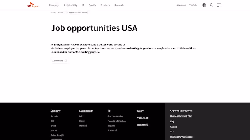 Screenshot of the official career page of SK Hynix