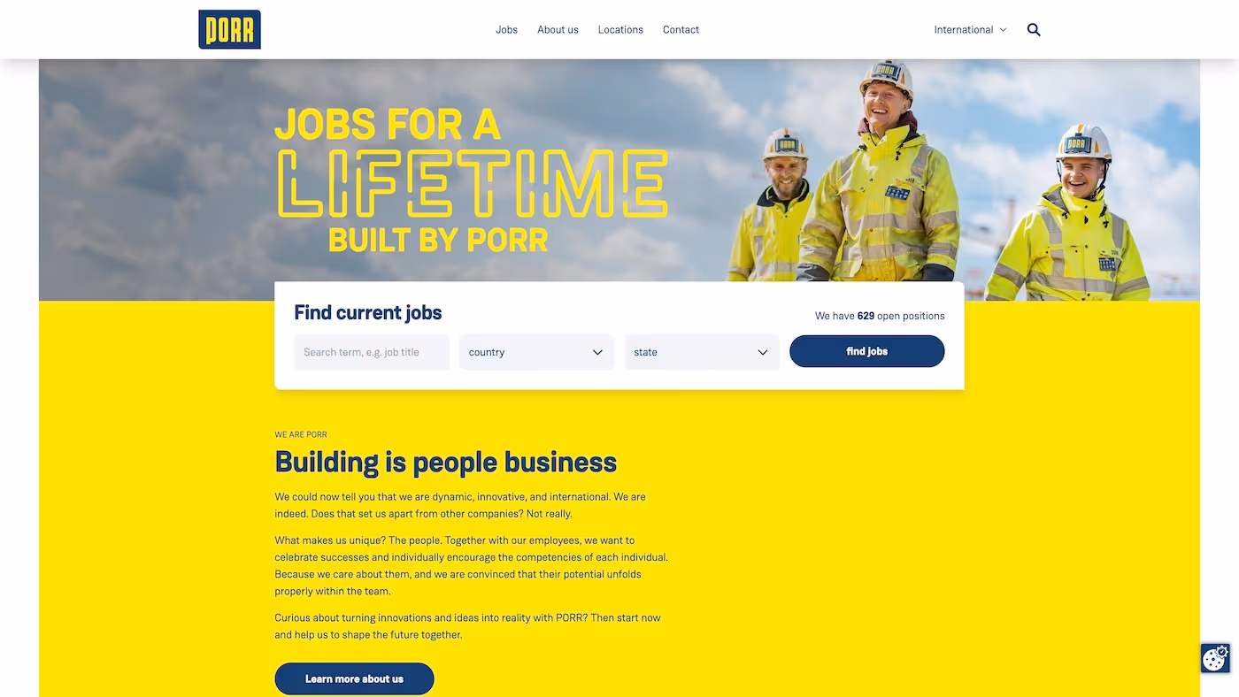 Screenshot of the official career page of Porr