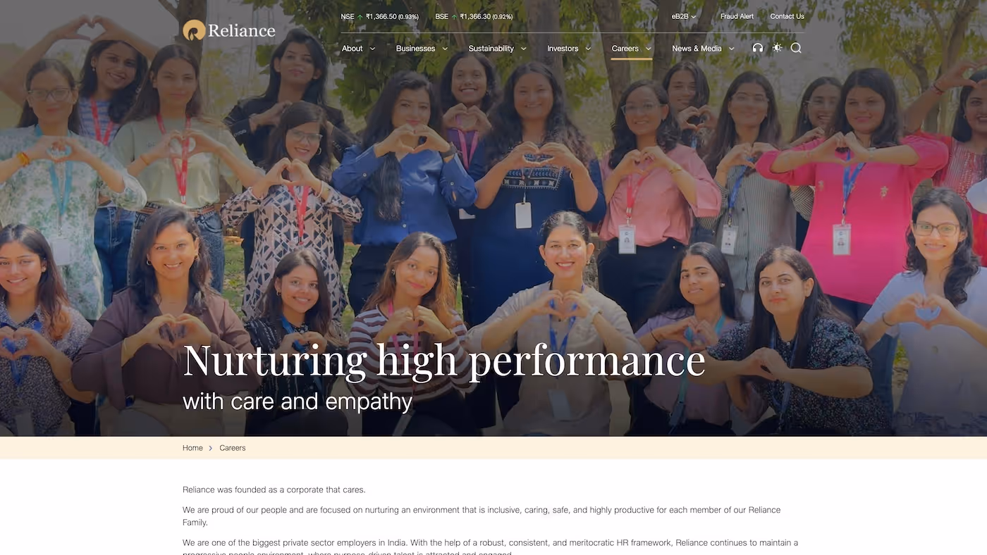 Screenshot of the official career page of Reliance Industries
