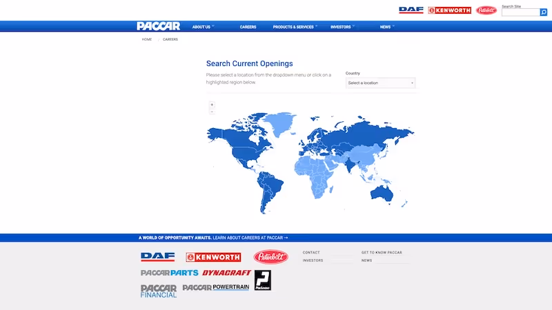 Screenshot of the official career page of Paccar
