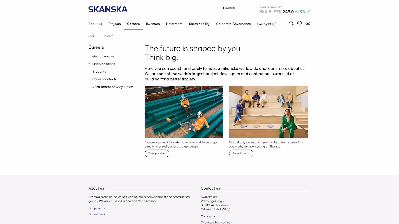 Screenshot of the official career page of Skanska