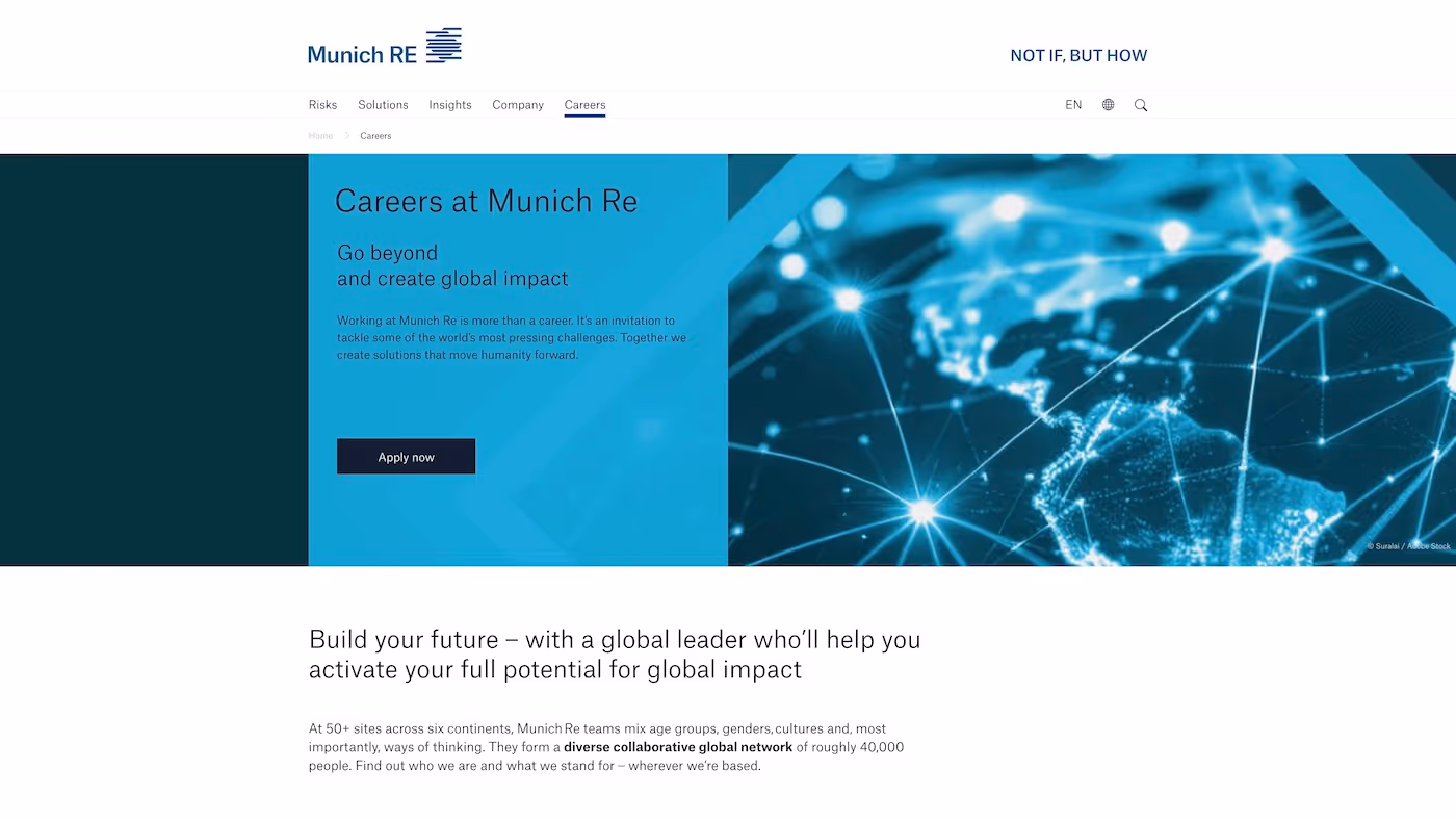 Screenshot of the official career page of Munich Re