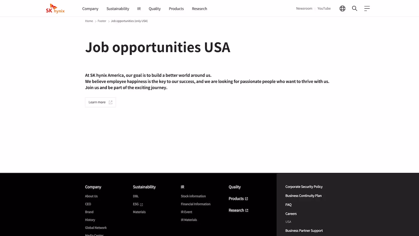 Screenshot of the official career page of SK Hynix