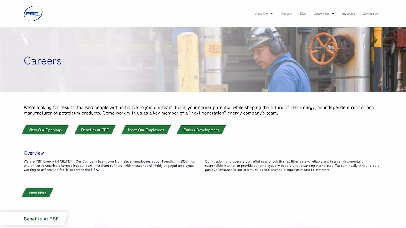 Screenshot of the official career page of PBF Energy