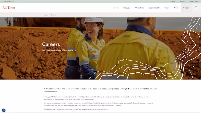 Screenshot of the official career page of Rio Tinto