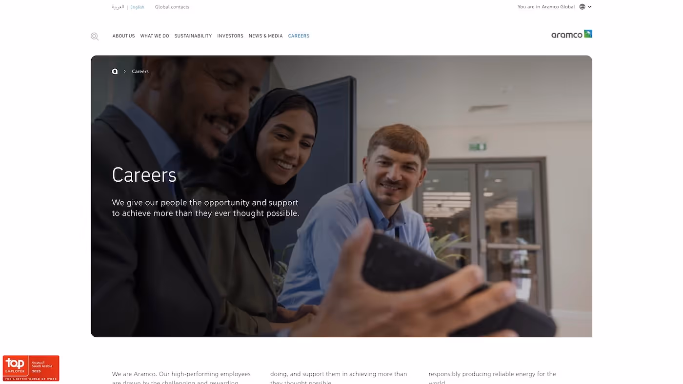 Screenshot of the official career page of Saudi Aramco