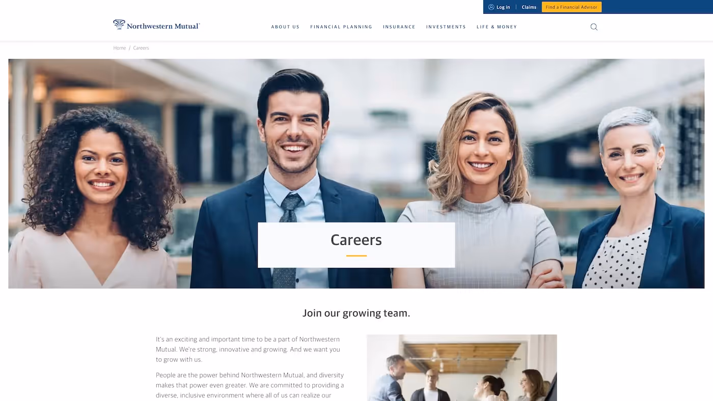 Screenshot of the official career page of Northwestern Mutual