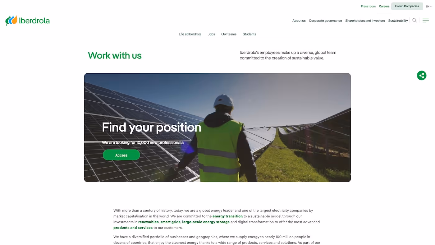 Screenshot of the official career page of Iberdrola
