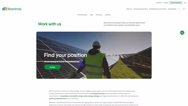 Screenshot of the official career page of Iberdrola