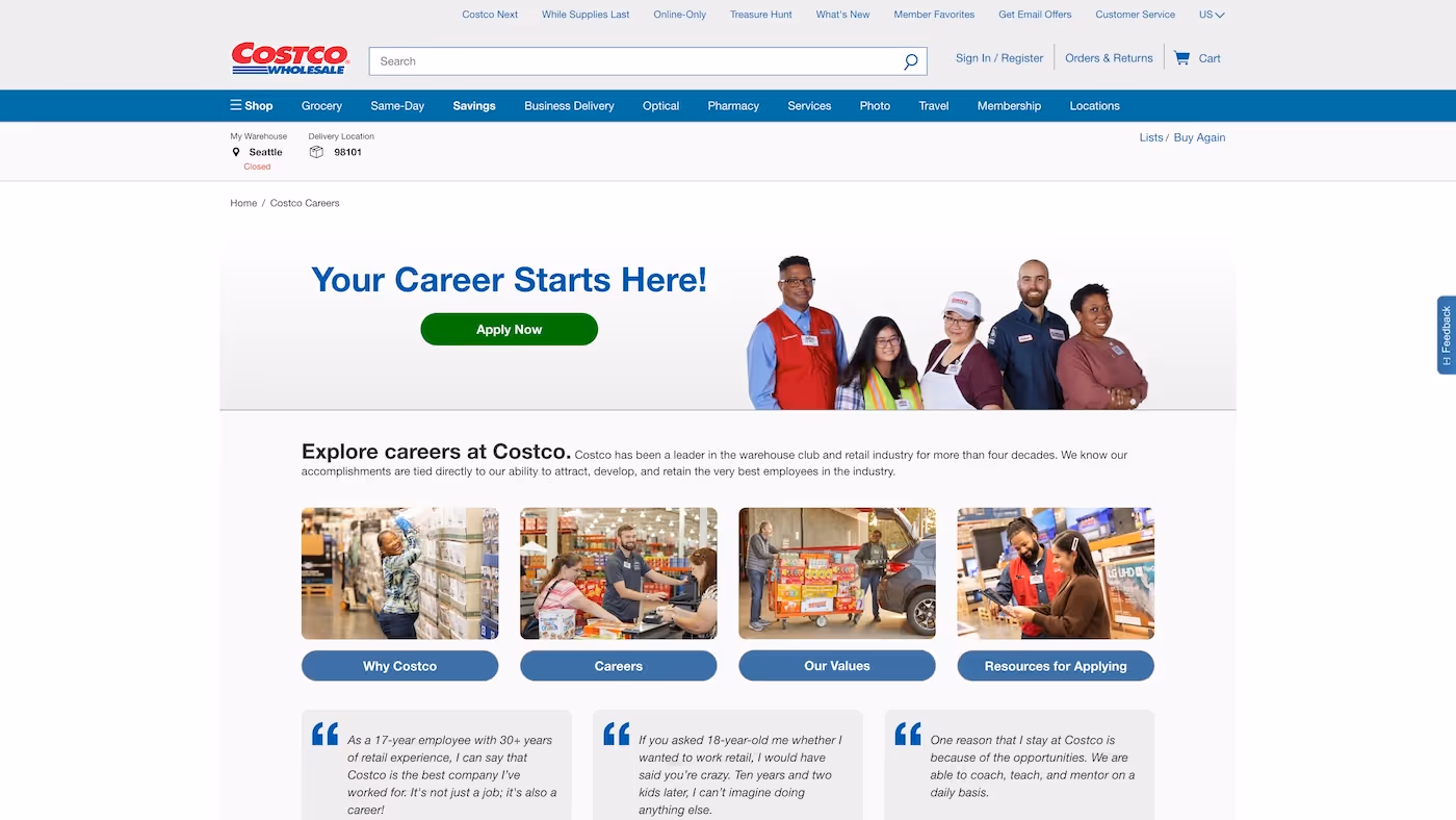 Screenshot of the official career page of Costco Wholesale