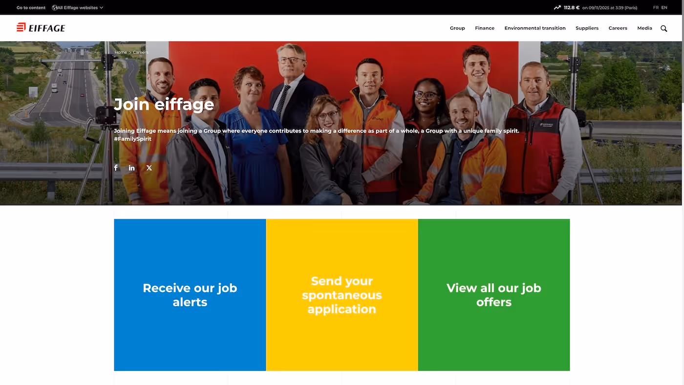 Screenshot of the official career page of Eiffage