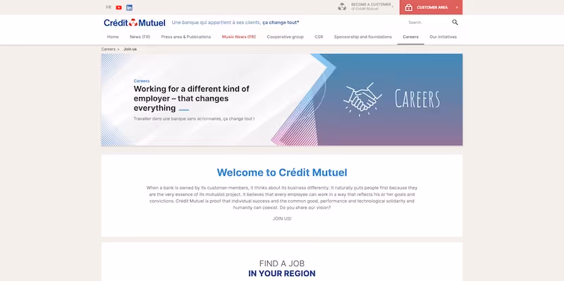 Screenshot of the official career page of Crédit Mutuel Group