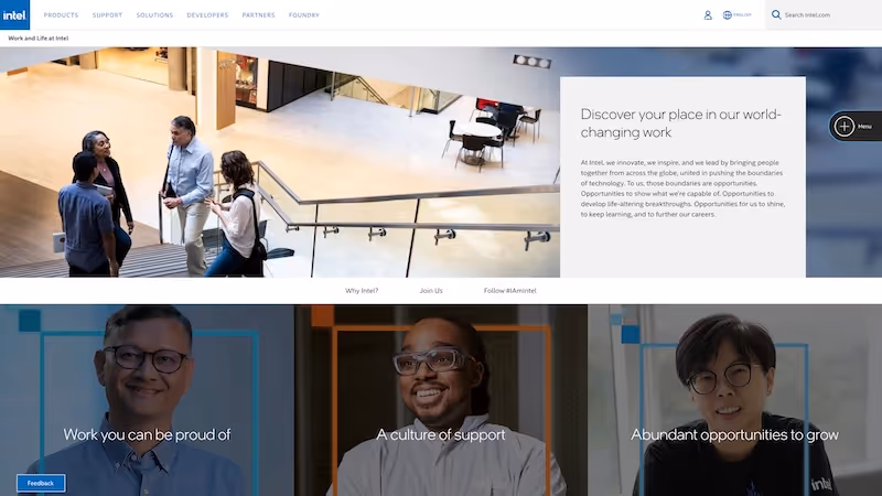 Screenshot of the official career page of Intel
