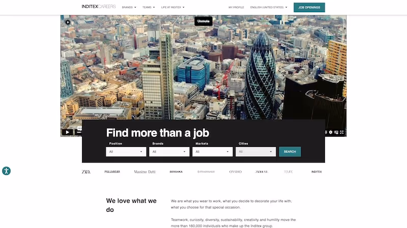 Screenshot of the official career page of Inditex