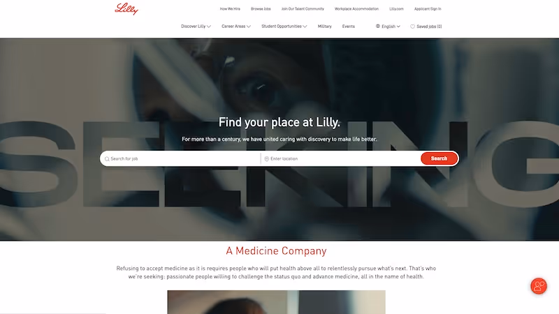 Screenshot of the official career page of Eli Lilly