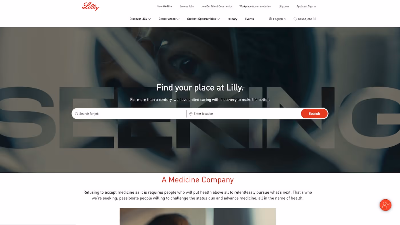 Screenshot of the official career page of Eli Lilly