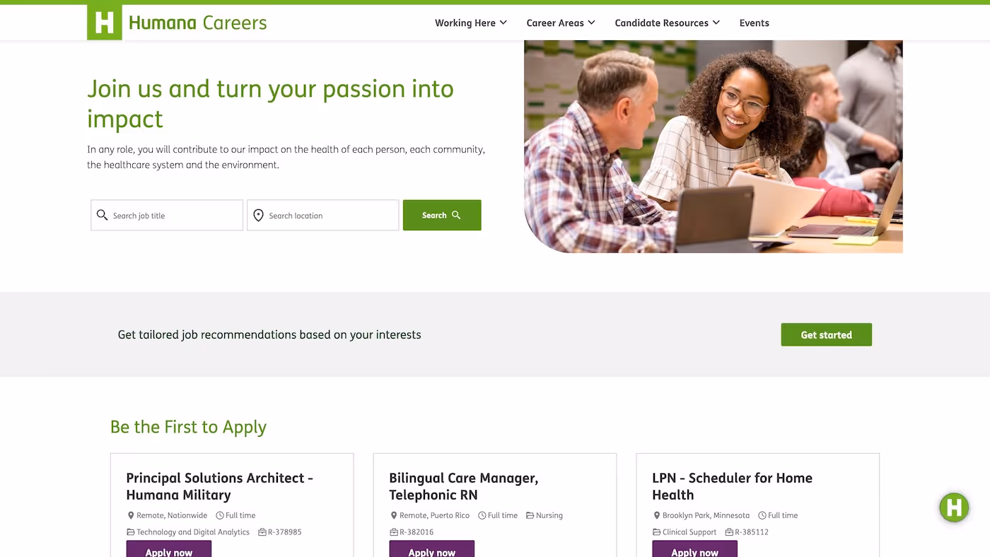 Screenshot of the official career page of Humana