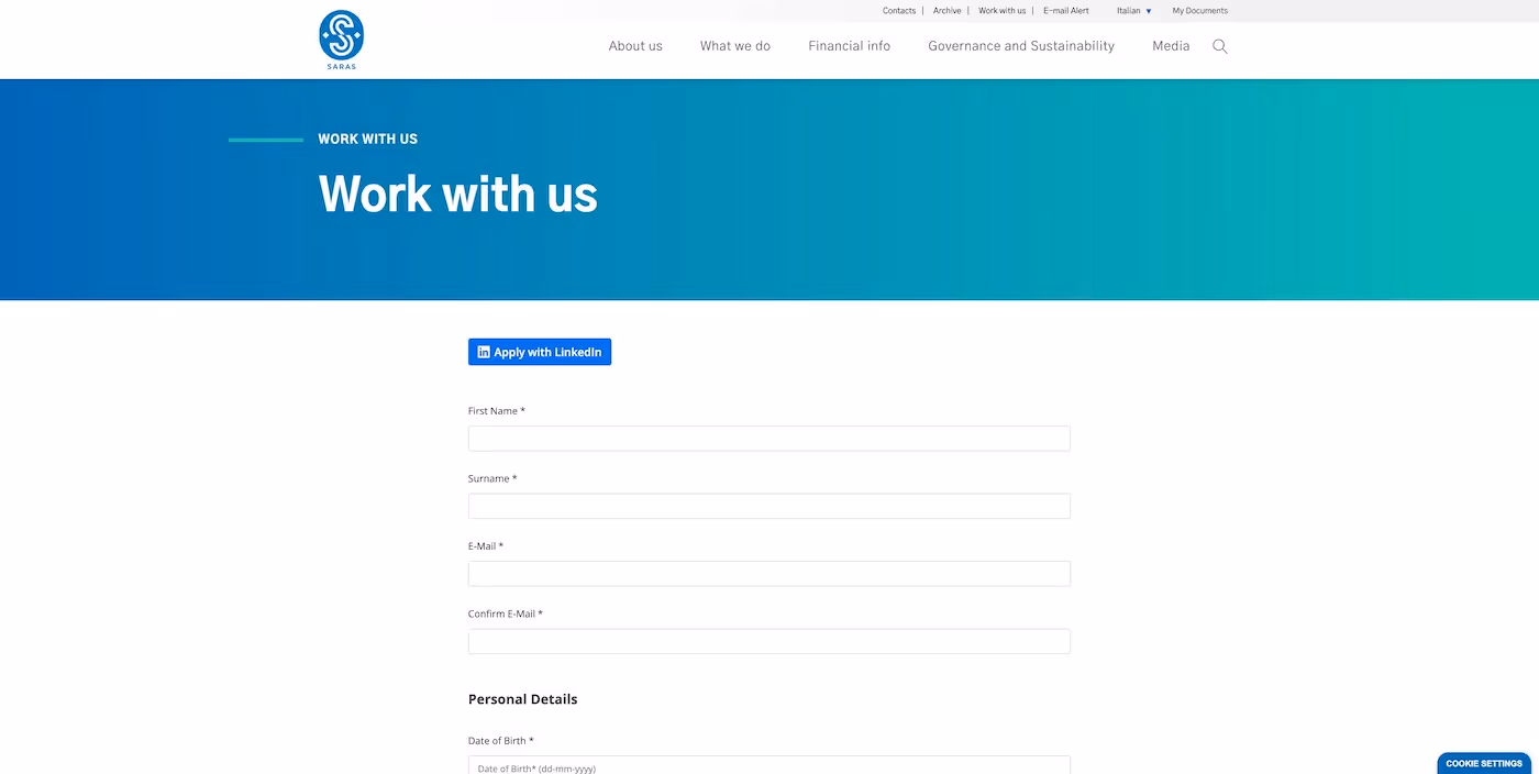 Screenshot of the official career page of Saras